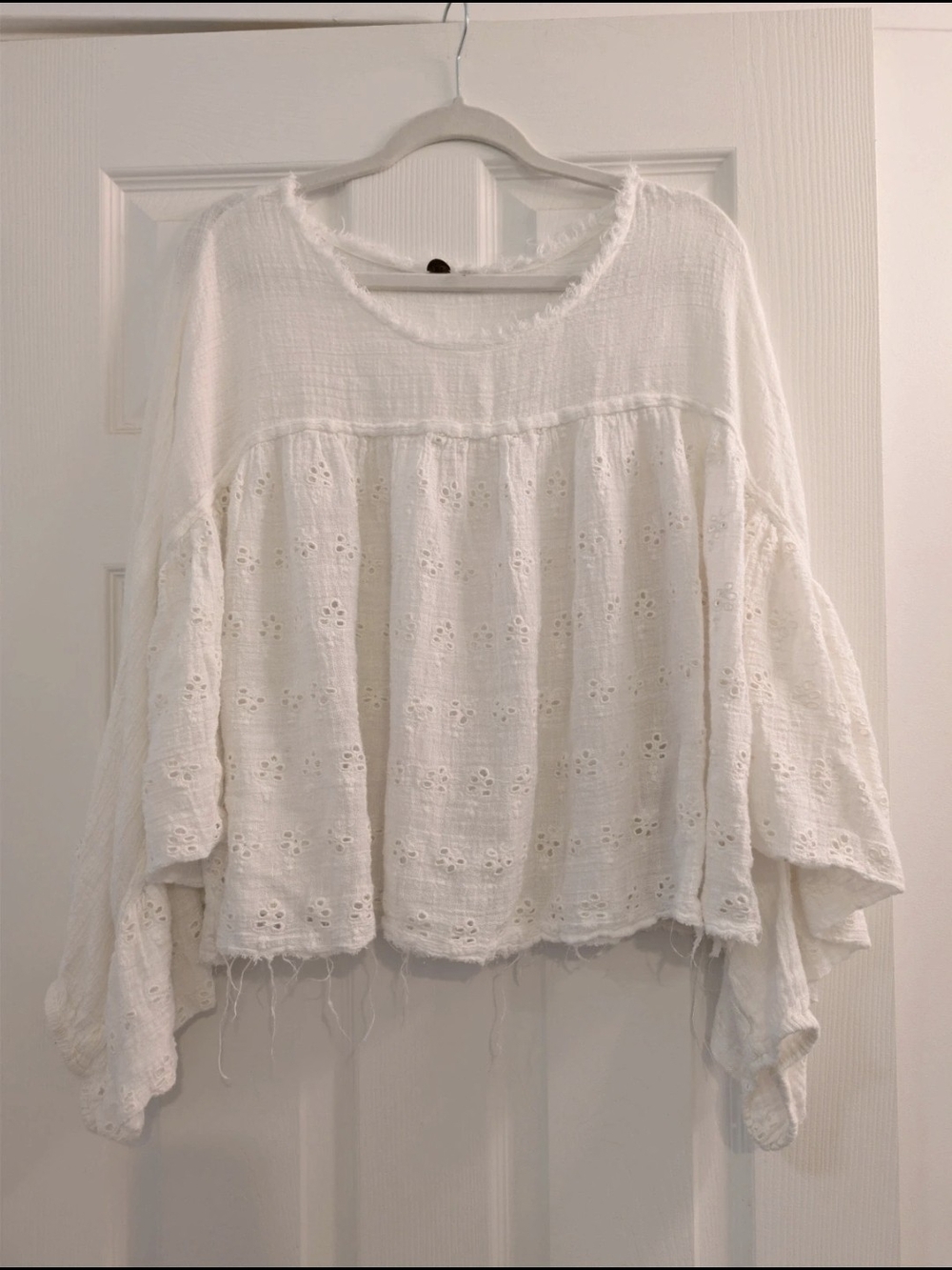 Free People White Eyelet Peasant Top Size L